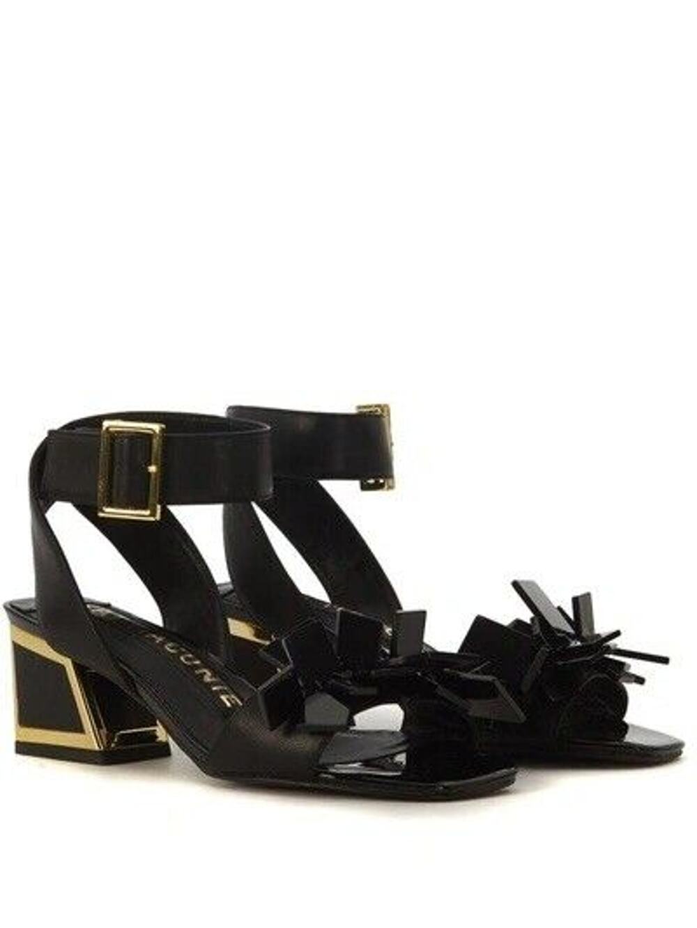 Kat Maconie Black Strappy Block Heels Gold Buckle Abstract Funky Size 7 Size 33